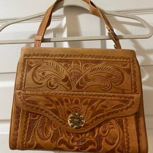 Tan Tooled Leather Shoulder Bag with Vintage Design